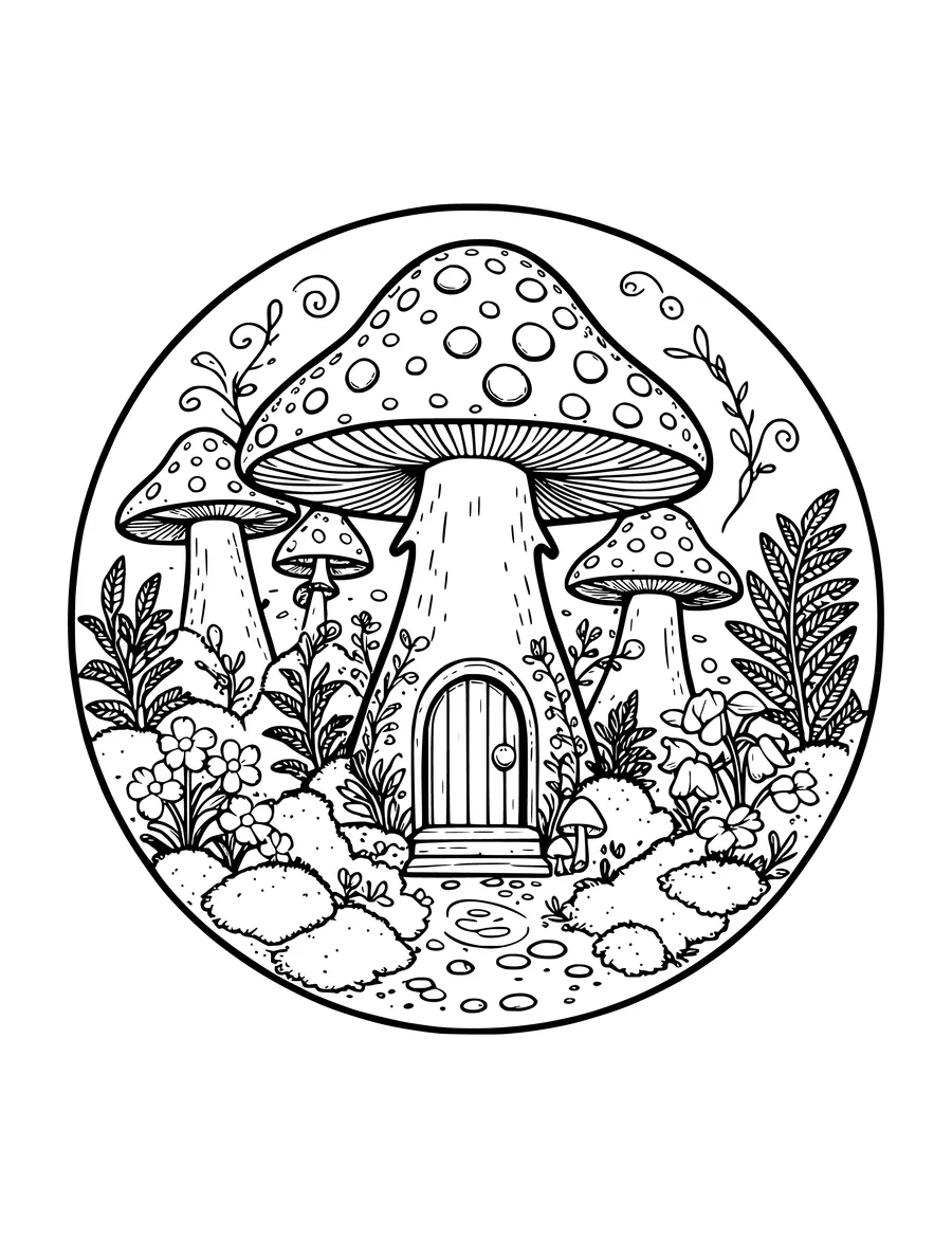A circular coloring page showing a toadstool forest scene with a fairy door, tiny flowers, and mossy ground.