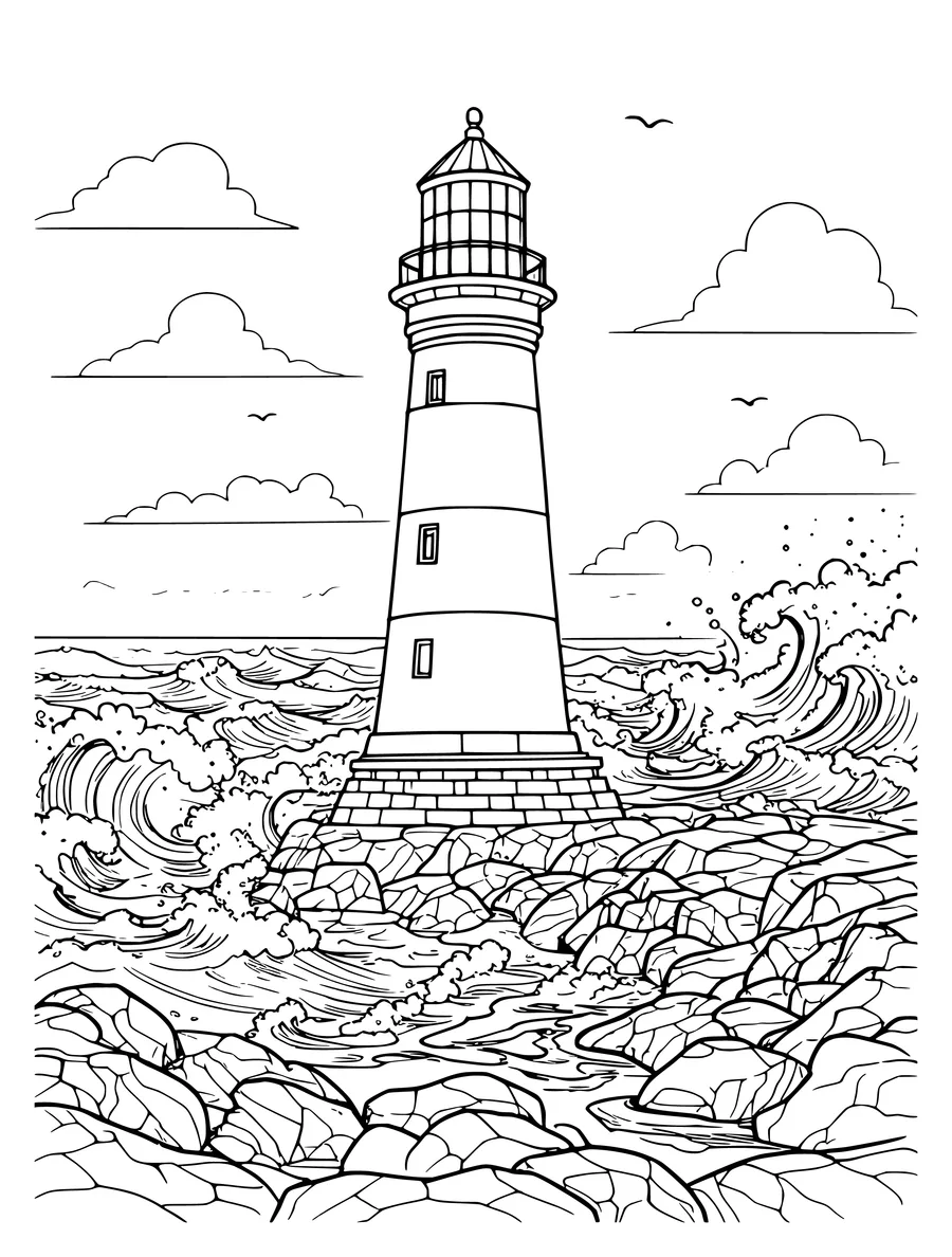 Black and white line art coloring page of lighthouse on a rocky shore with crashing waves, medium detail