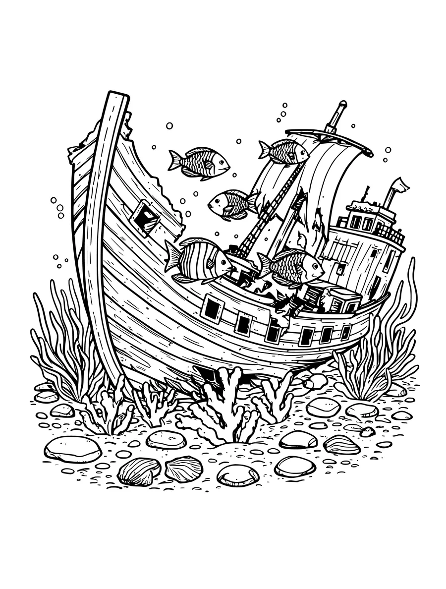 A detailed coloring page of an old shipwreck on the ocean floor surrounded by fish and seaweed.