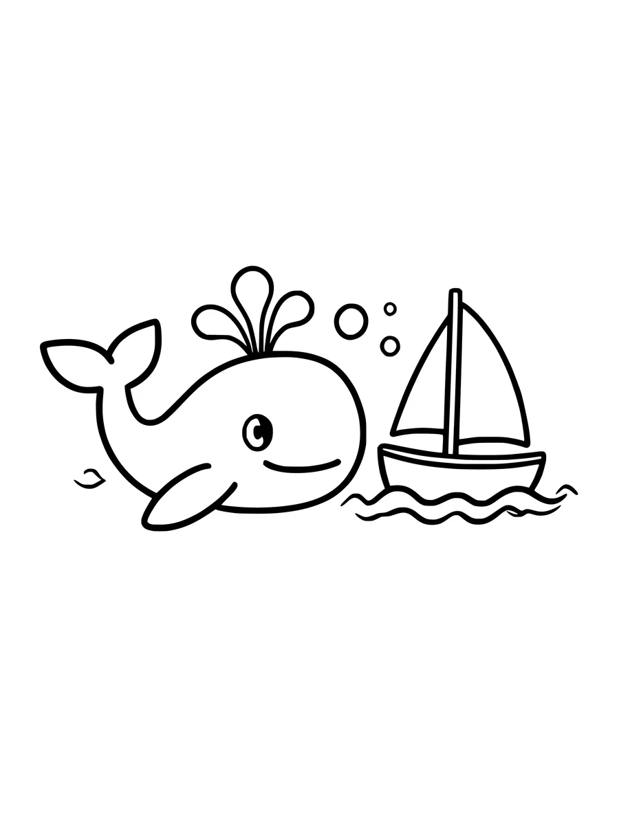 A smiling whale spouts water next to a small sailboat on a simple colouring page.