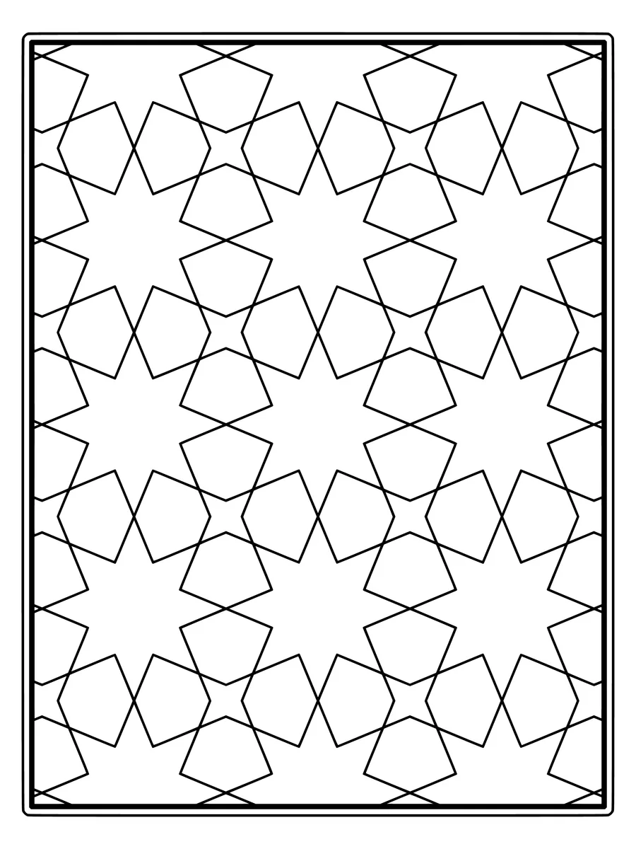 Eight-point star tessellation with interlocking stars II, an easy bold-line colouring page to print or colour online