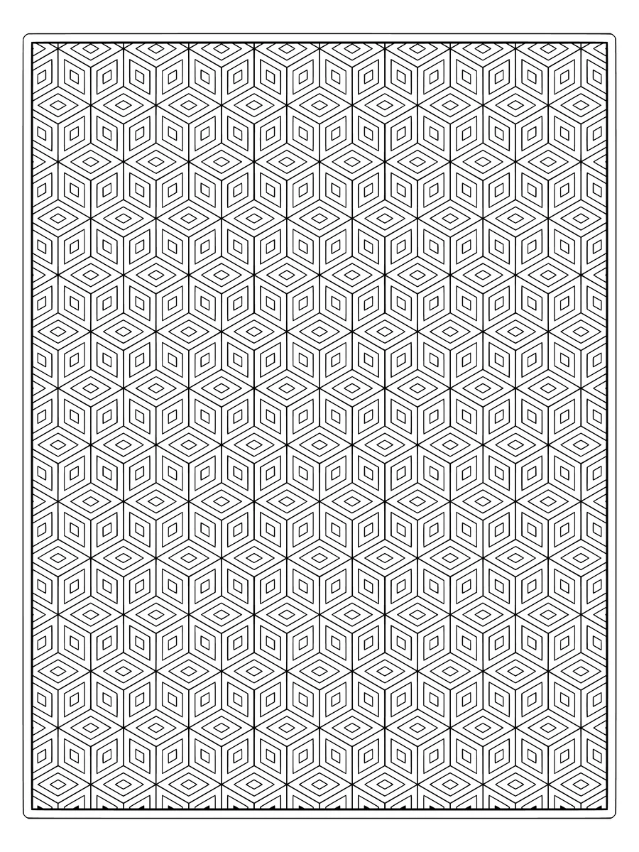 Tumbling block cube pattern with nested diamonds III, an intricate fine-line coloring page for adults to print or color online