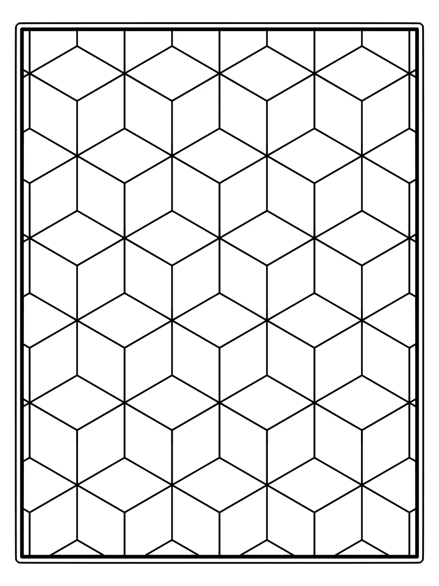 Tumbling block cube pattern with nested diamonds IV, an easy bold-line colouring page to print or colour online
