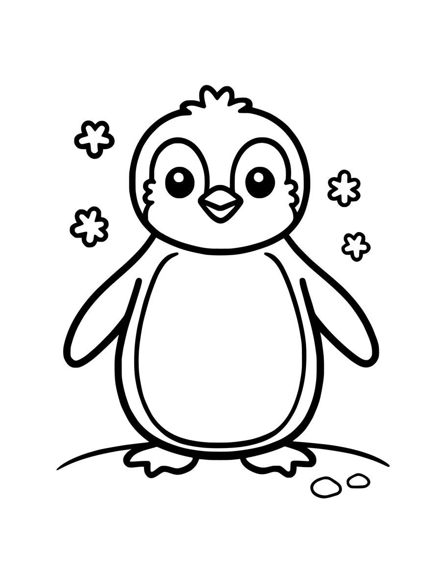 Black and white line art coloring page of baby penguin with fluffy feathers, simple detail