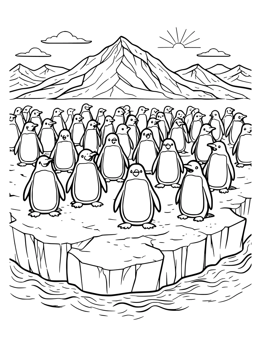 Black and white line art coloring page of colony of penguins on an iceberg with a mountain behind, detailed detail