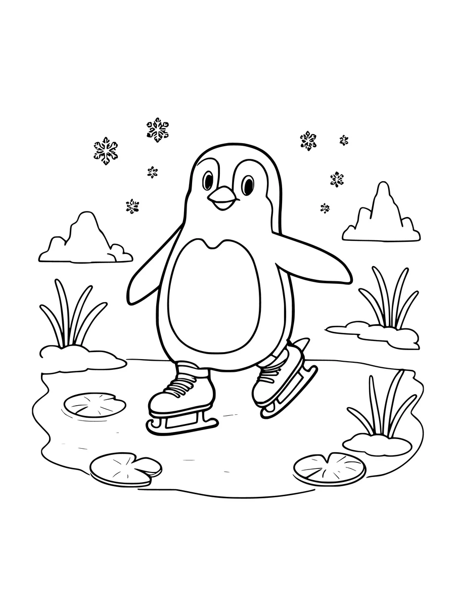 Black and white line art colouring page of penguin ice skating on a pond, medium detail