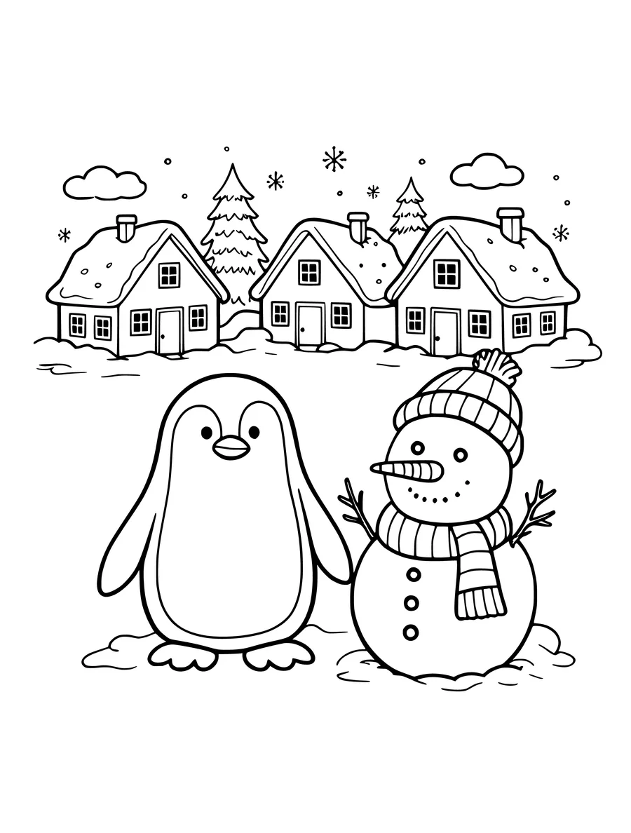 A penguin stands next to a snowman in a village with houses and snowy trees in this colouring page.
