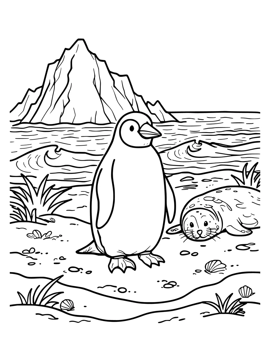Black and white line art coloring page of penguin on a snowy shore with a seal and an iceberg, detailed detail