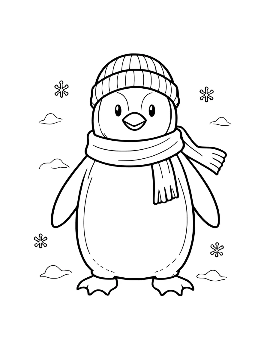 A penguin wearing a winter hat and a scarf stands among falling snowflakes in this colouring page.