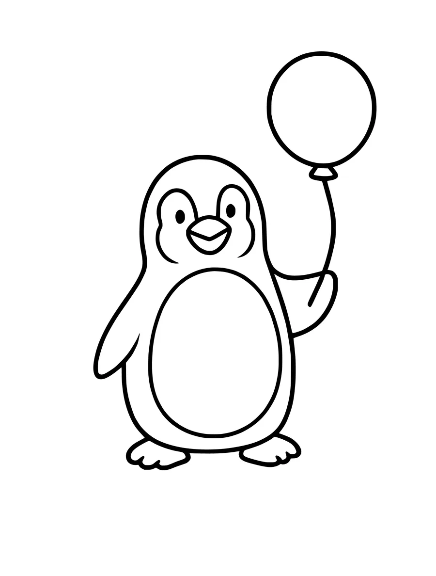 A penguin stands holding a single balloon by its string in this simple coloring page for children.