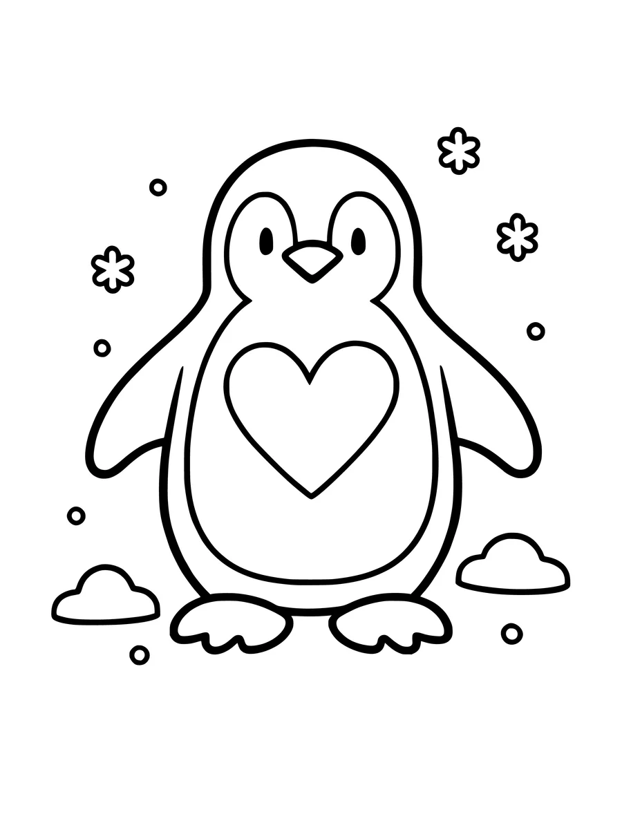 A simple line art of a penguin featuring a large heart shape on its belly, surrounded by small snowflakes, coloring page