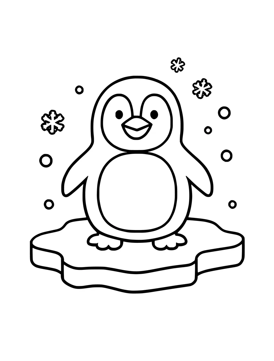 A smiling penguin stands on a small piece of ice surrounded by snowflakes in this simple line art.
