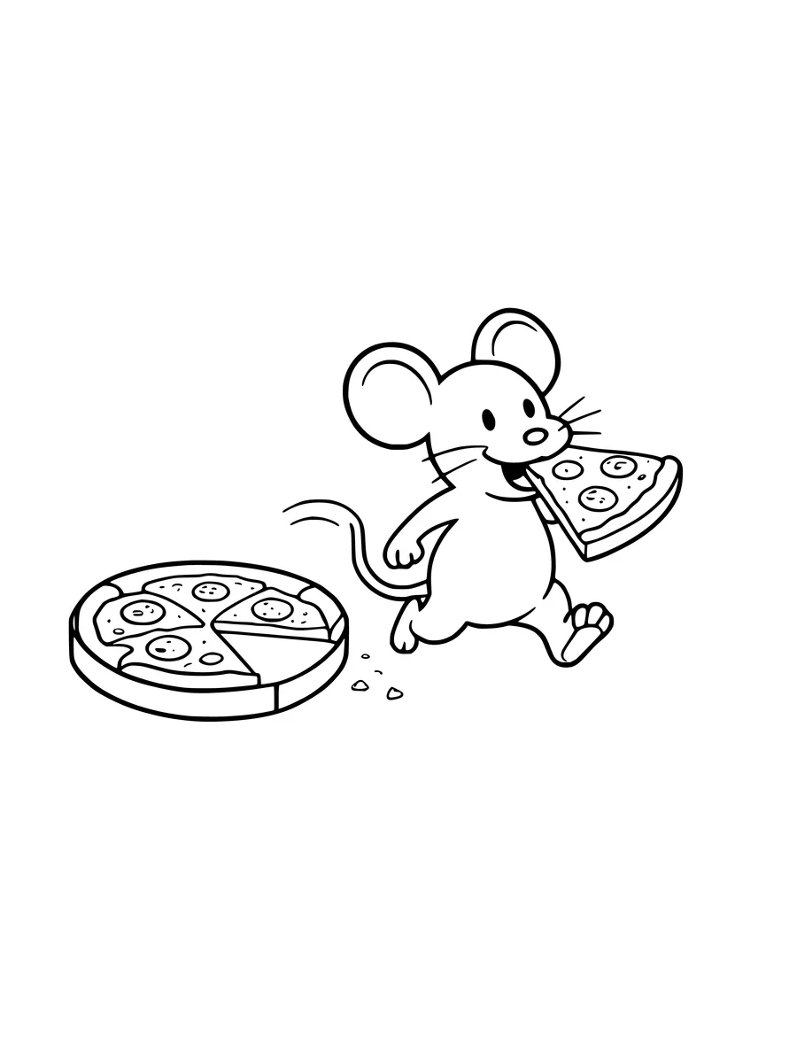 A cute cartoon mouse running away while holding a single slice of pepperoni pizza in its mouth, coloring page