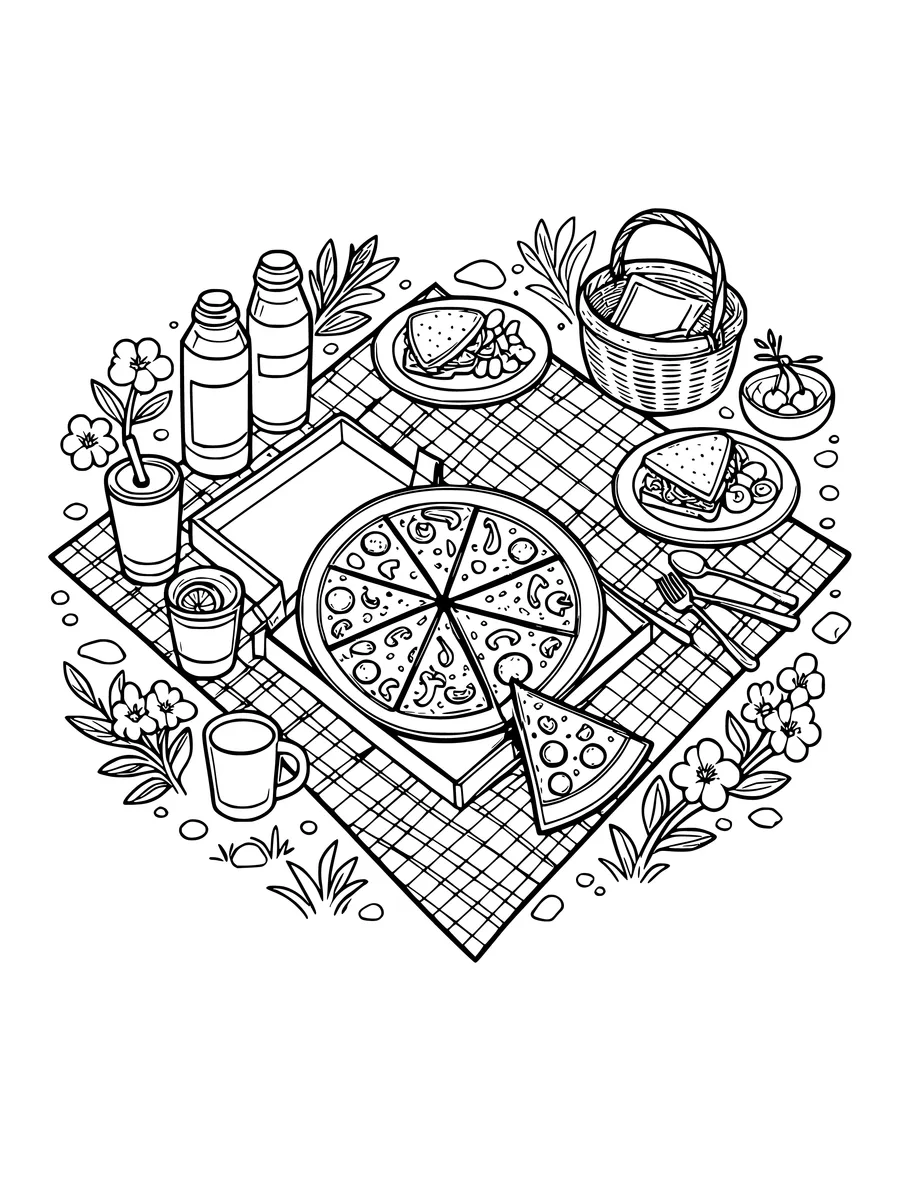 A picnic scene featuring a large pizza, drinks, a basket, and a checkered cloth on the grass, coloring page
