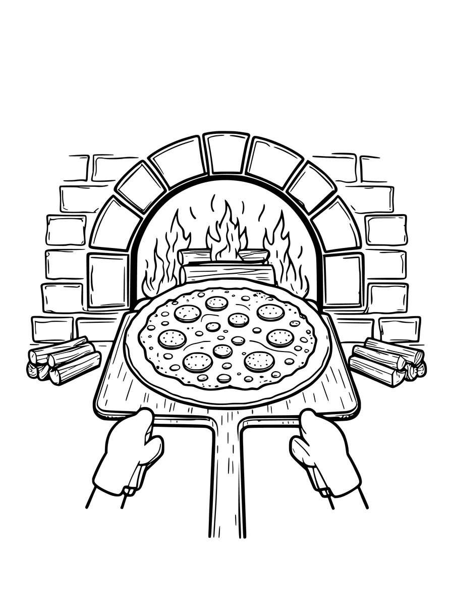 A coloring page of a pizza being pulled on a wooden peel from a brick oven with flames.