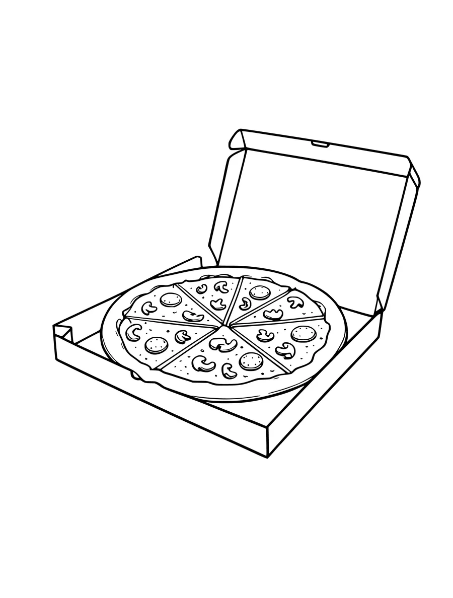 A colouring page showing an open square pizza box containing a whole round pizza.