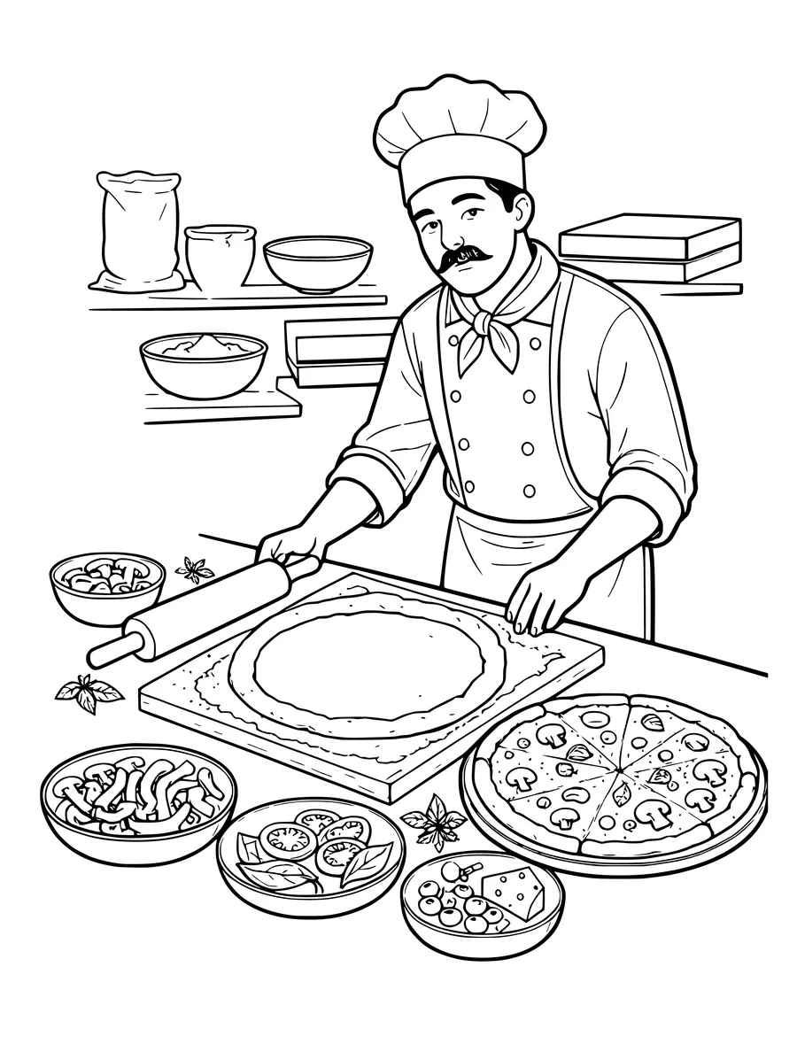 A coloring page of a chef preparing pizza dough at a table filled with bowls of toppings.