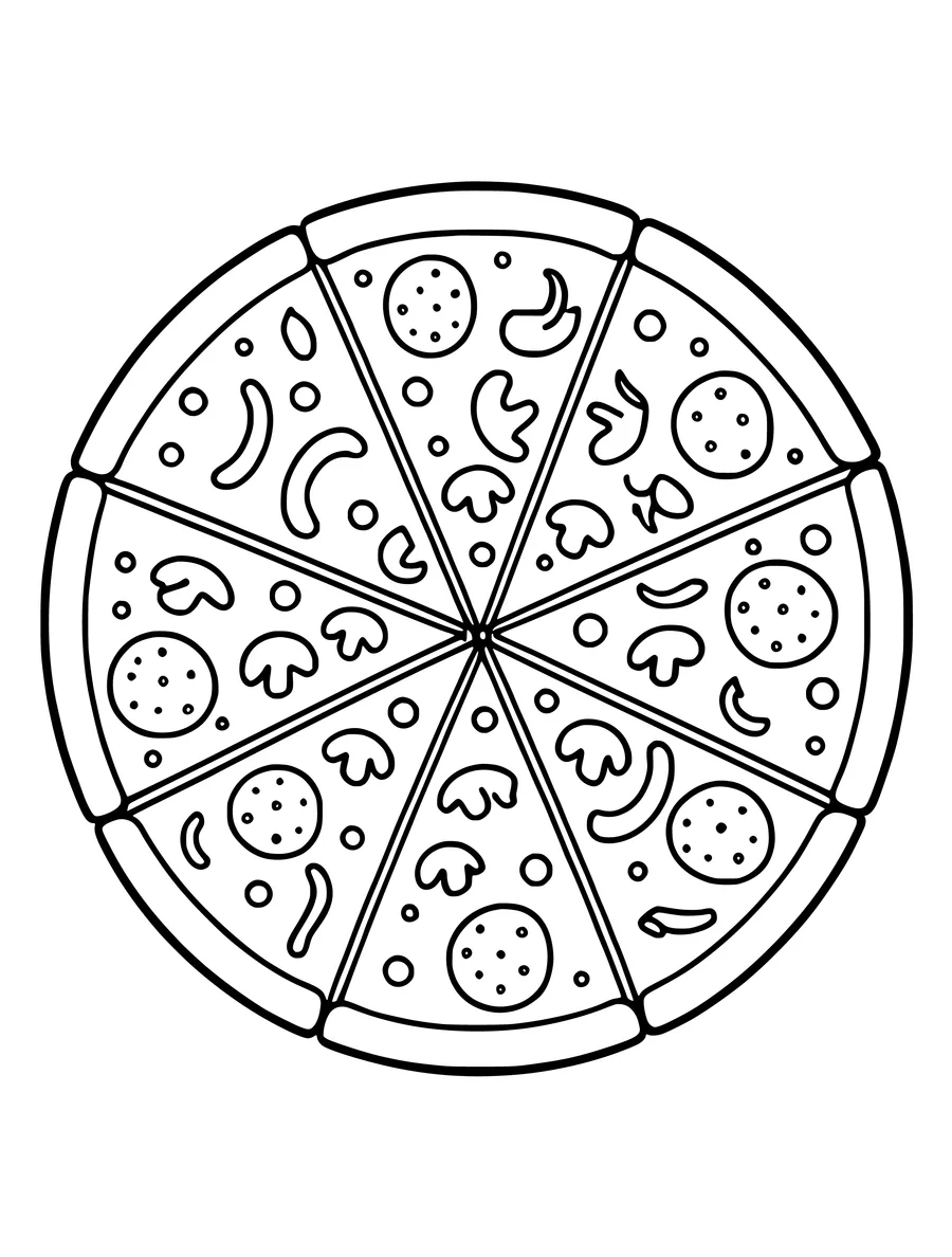 A simple line art drawing of a round pizza cut into eight equal slices with mushroom toppings, coloring page