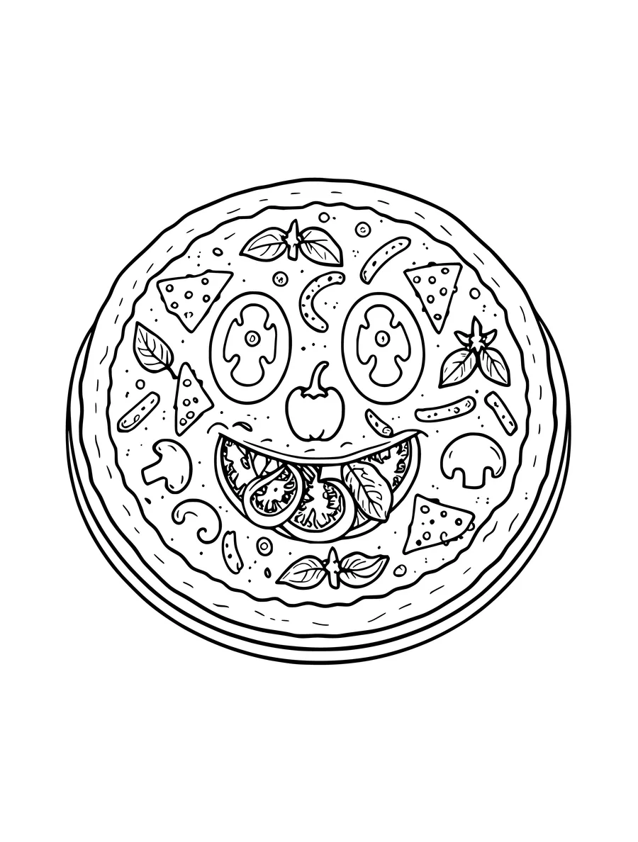 A whimsical pizza topped with various vegetables arranged to look like a happy smiling face, colouring page