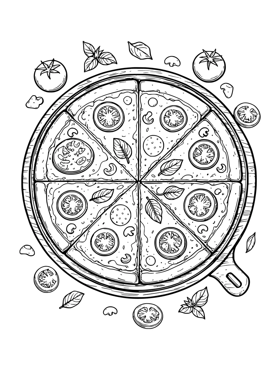 A rustic pizza topped with tomato slices and fresh basil leaves, surrounded by ingredients, coloring page