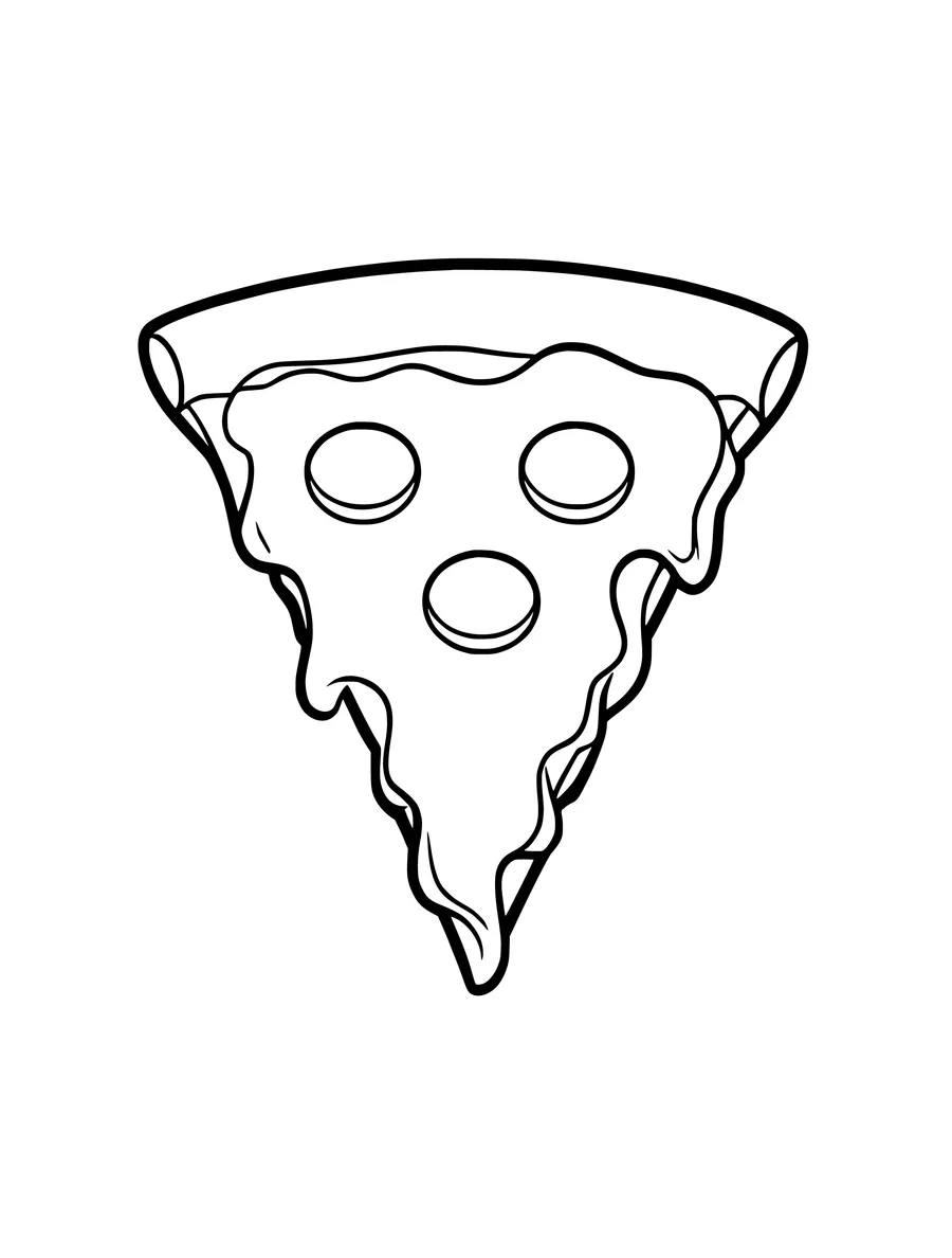 A coloring page showing a single slice of pizza with thick, melting cheese and pepperoni.