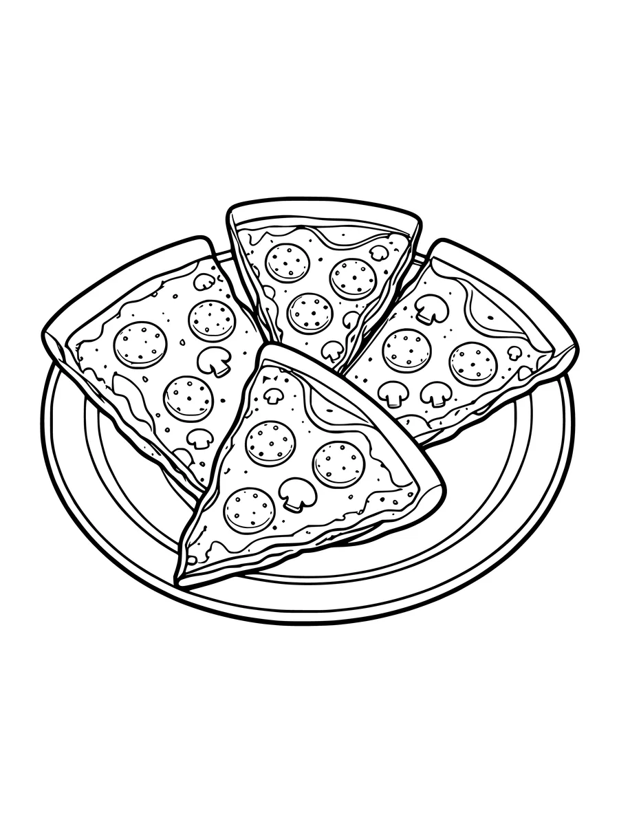 A stack of four pizza slices with pepperoni and mushroom toppings served on a round plate, colouring page