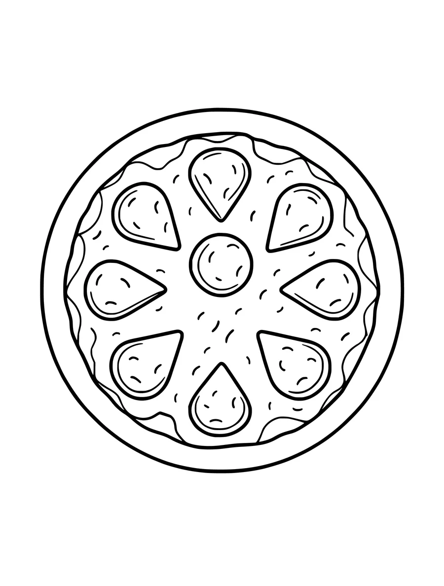 A colouring page featuring a whole round pizza topped with several pepperoni slices.