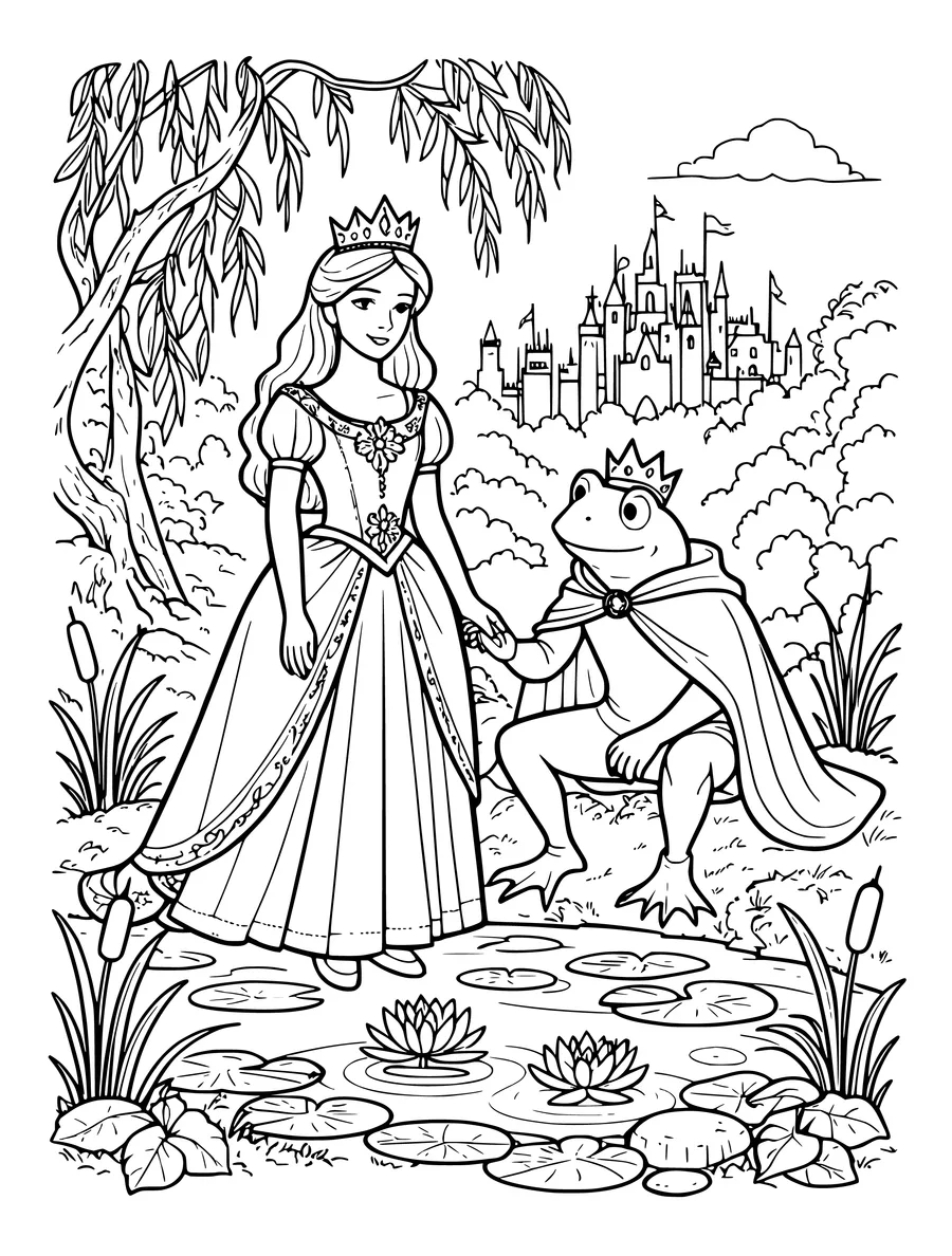 Black and white line art coloring page of princess and a frog prince beside a pond, detailed detail