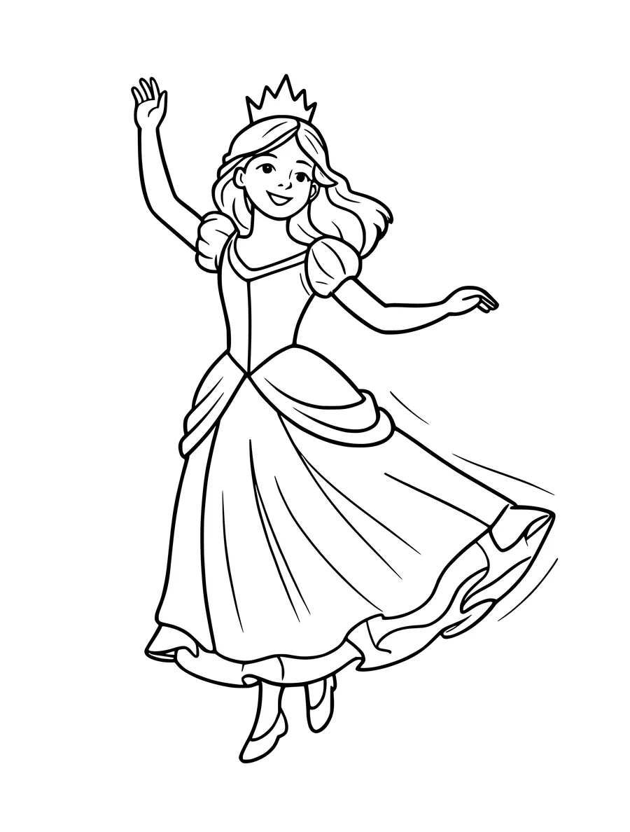 A princess in a flowing gown dances with one arm raised in this charming line art, coloring page
