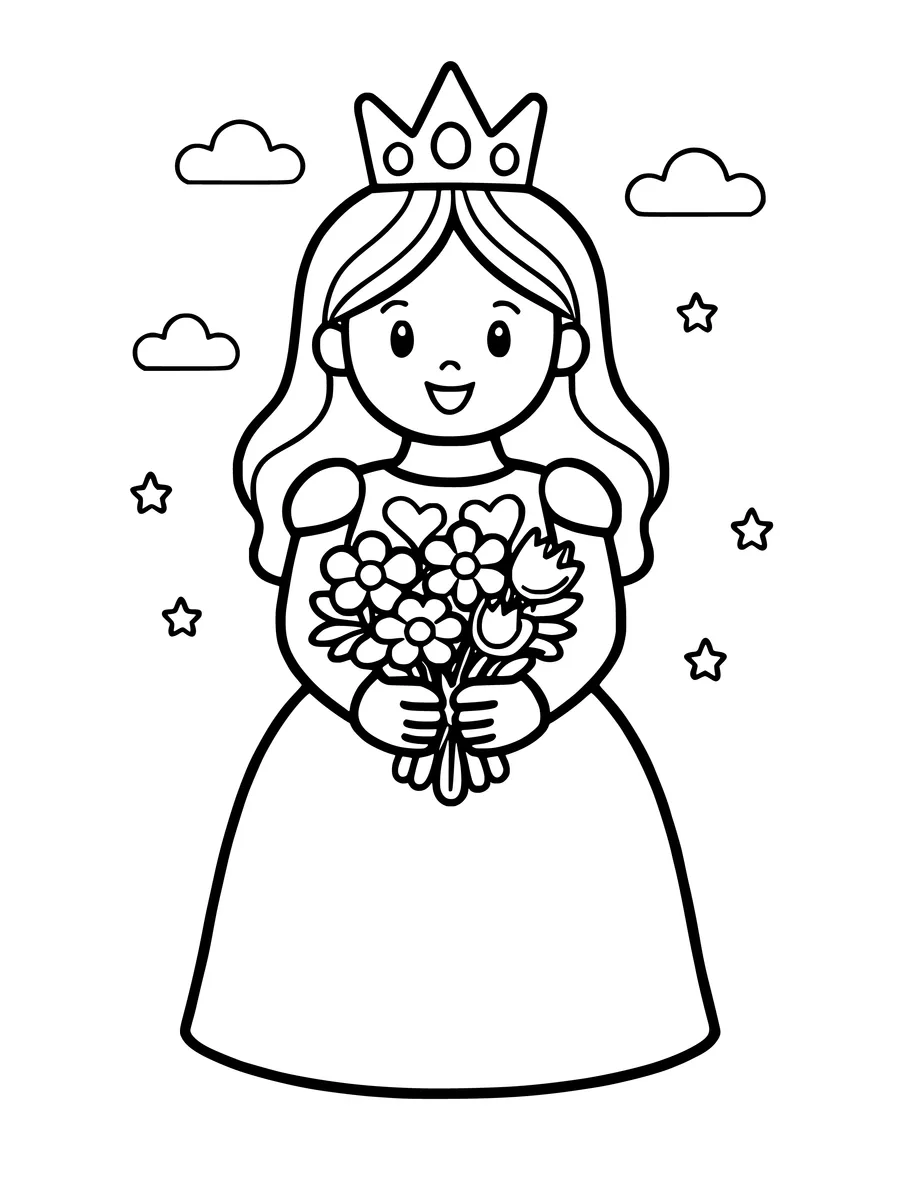 A smiling princess wearing a crown holds a large bouquet of flowers surrounded by small stars and clouds, coloring page