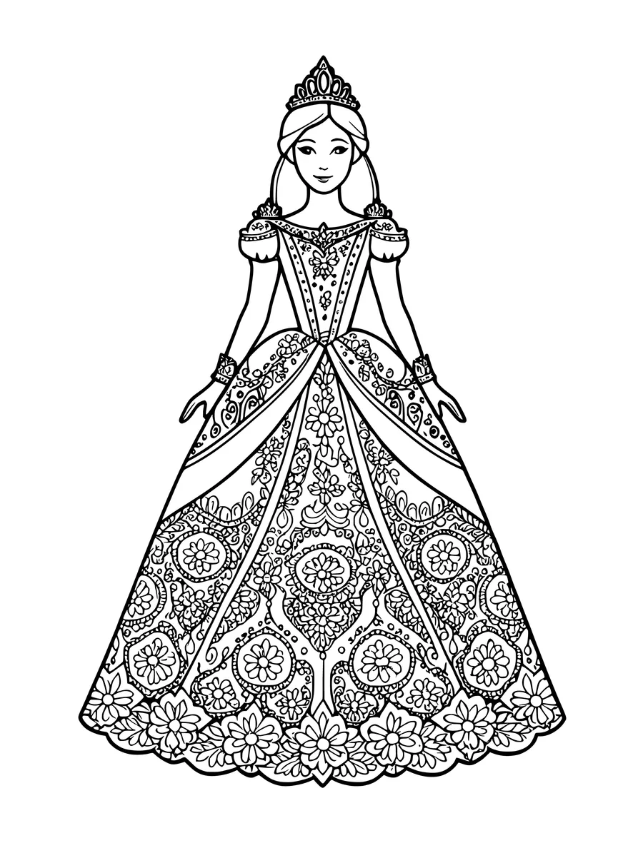 A detailed colouring page shows a princess in a ballgown with an intricate floral and lace-like skirt pattern.