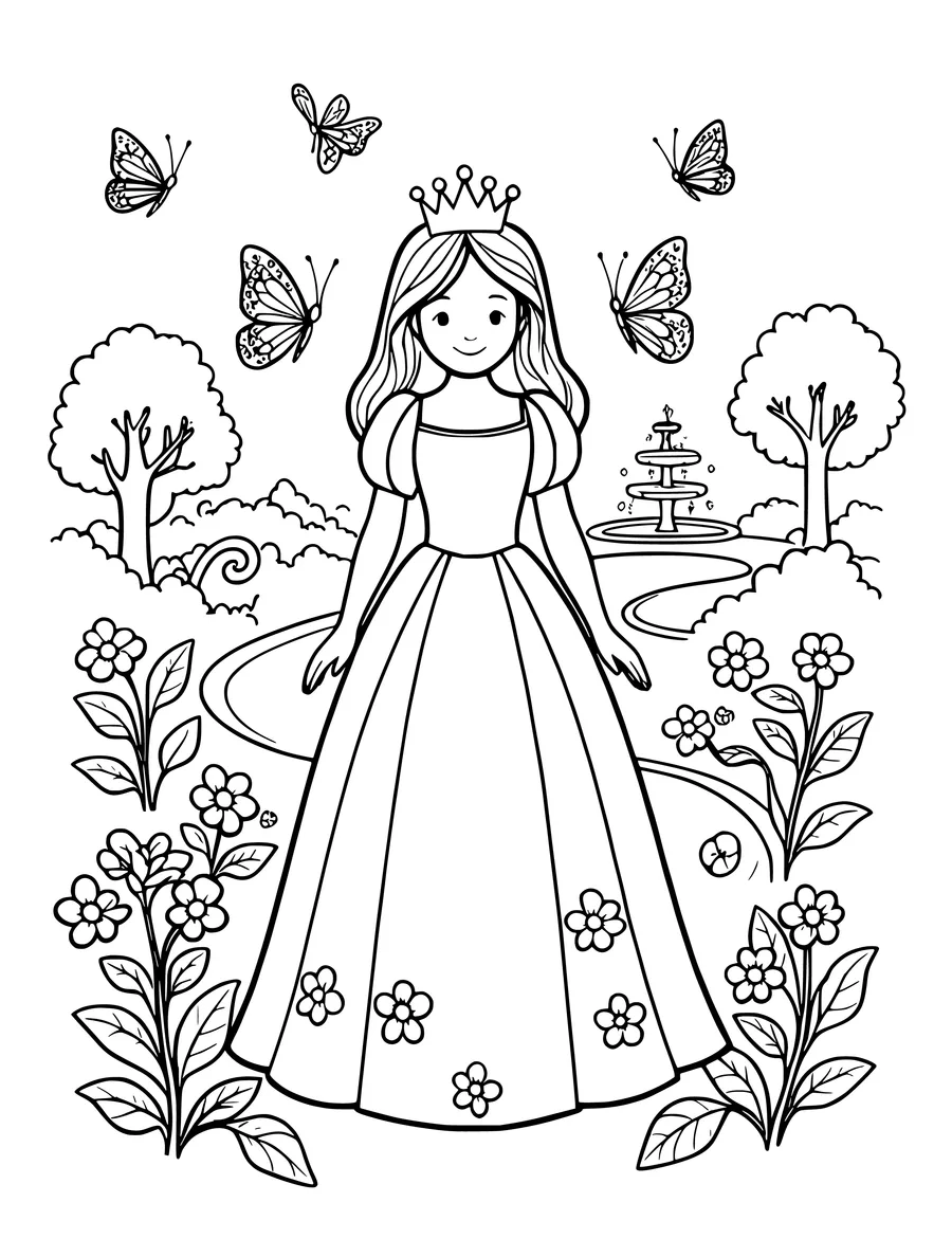 A princess stands in a garden surrounded by flowers, trees, a fountain, and several butterflies, colouring page