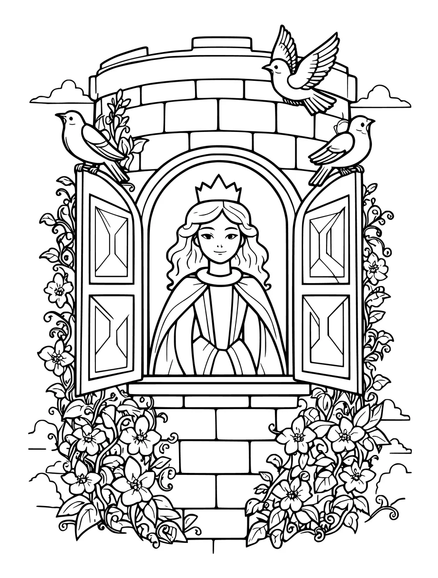 A princess looks out from a stone tower window framed by climbing vines and birds, colouring page