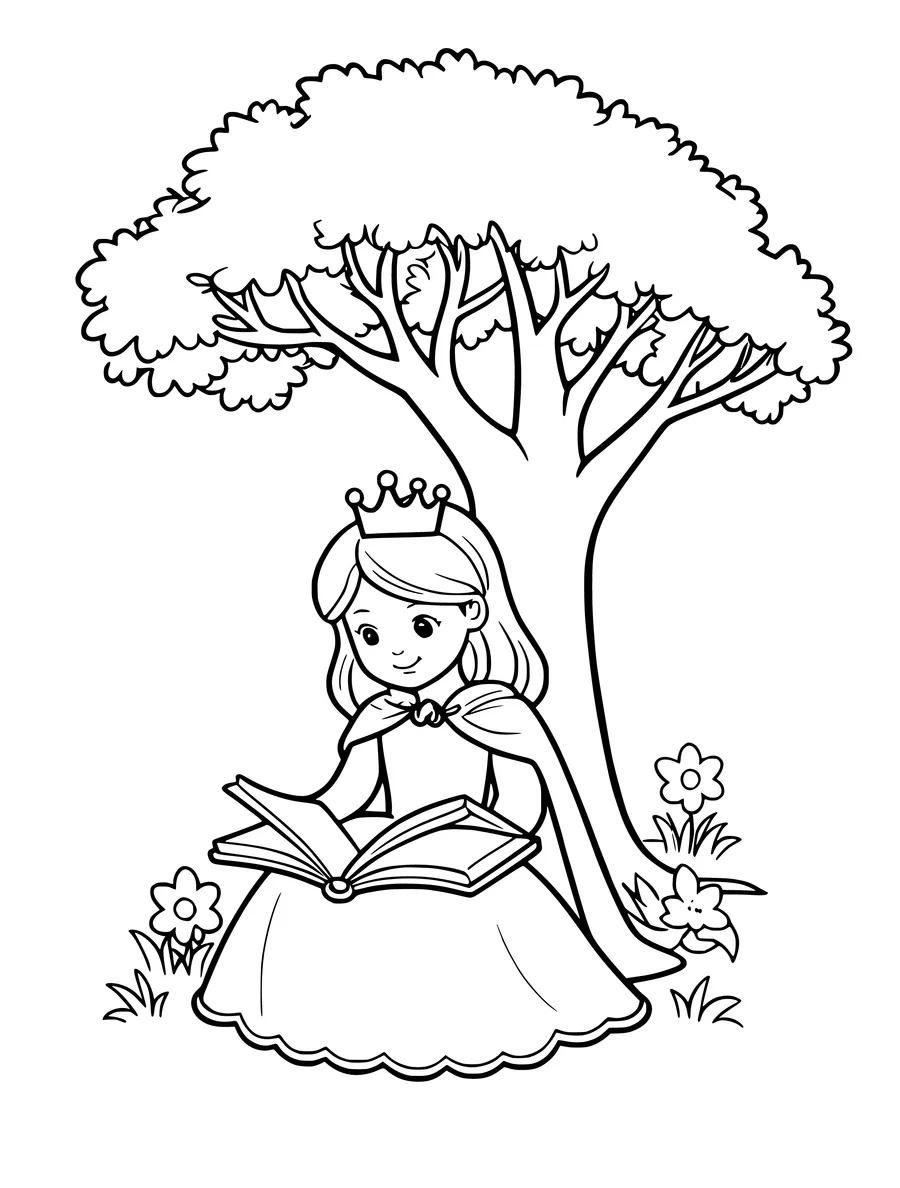 A princess wearing a crown and cape sits under a large tree while reading an open book in this line art, colouring page