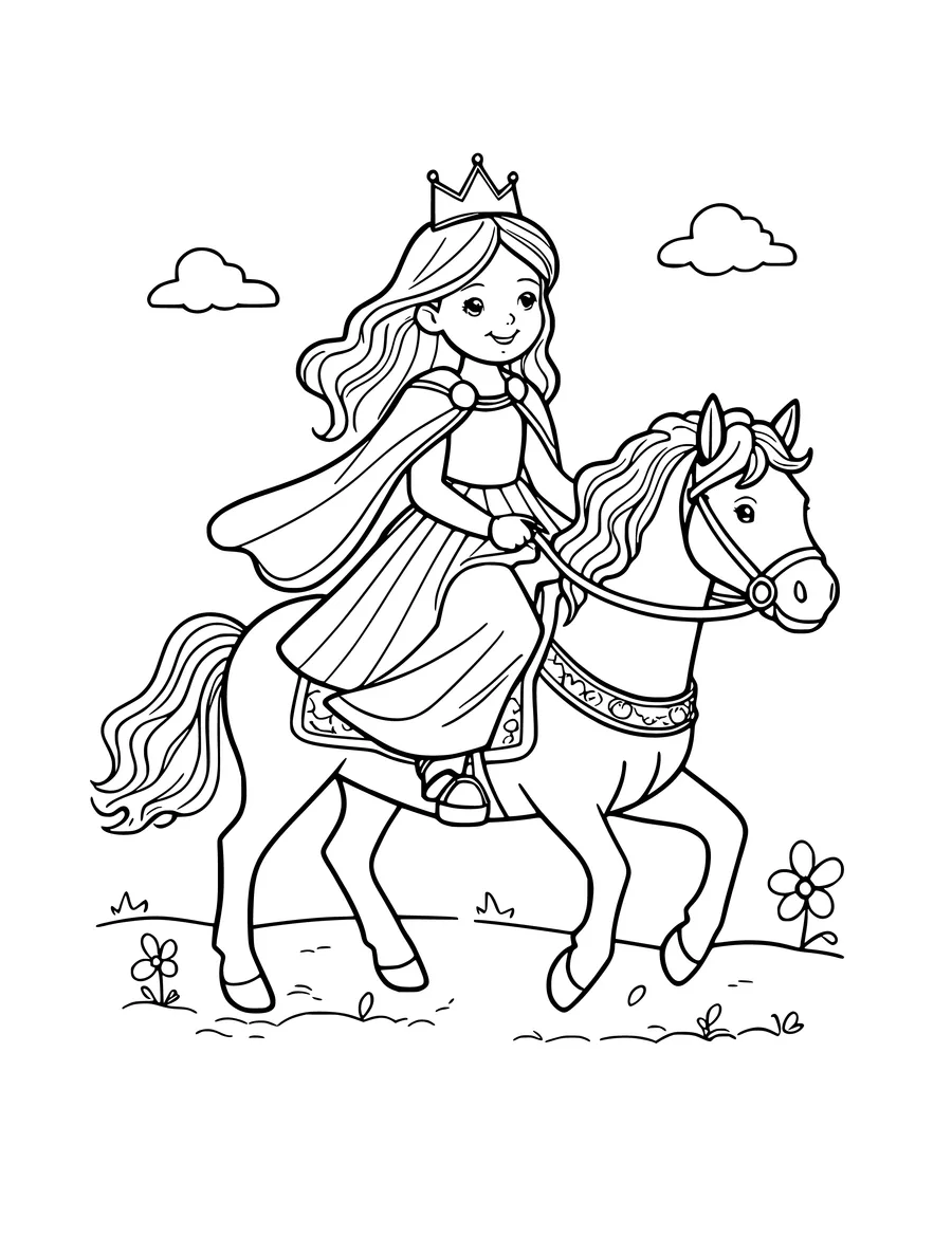 A princess with a crown rides a horse through a field with simple clouds and flowers, coloring page