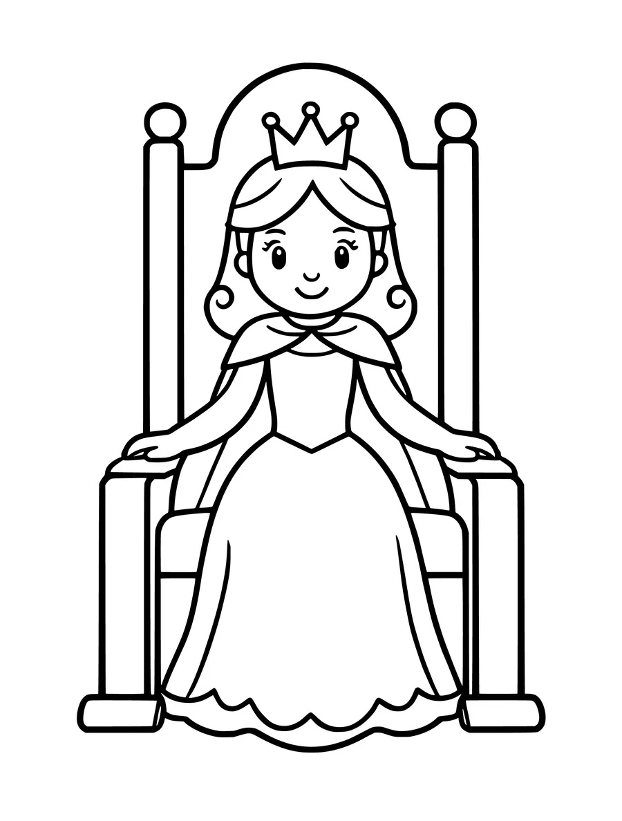 A smiling princess wearing a crown sits on a large, simple throne in this colouring page.