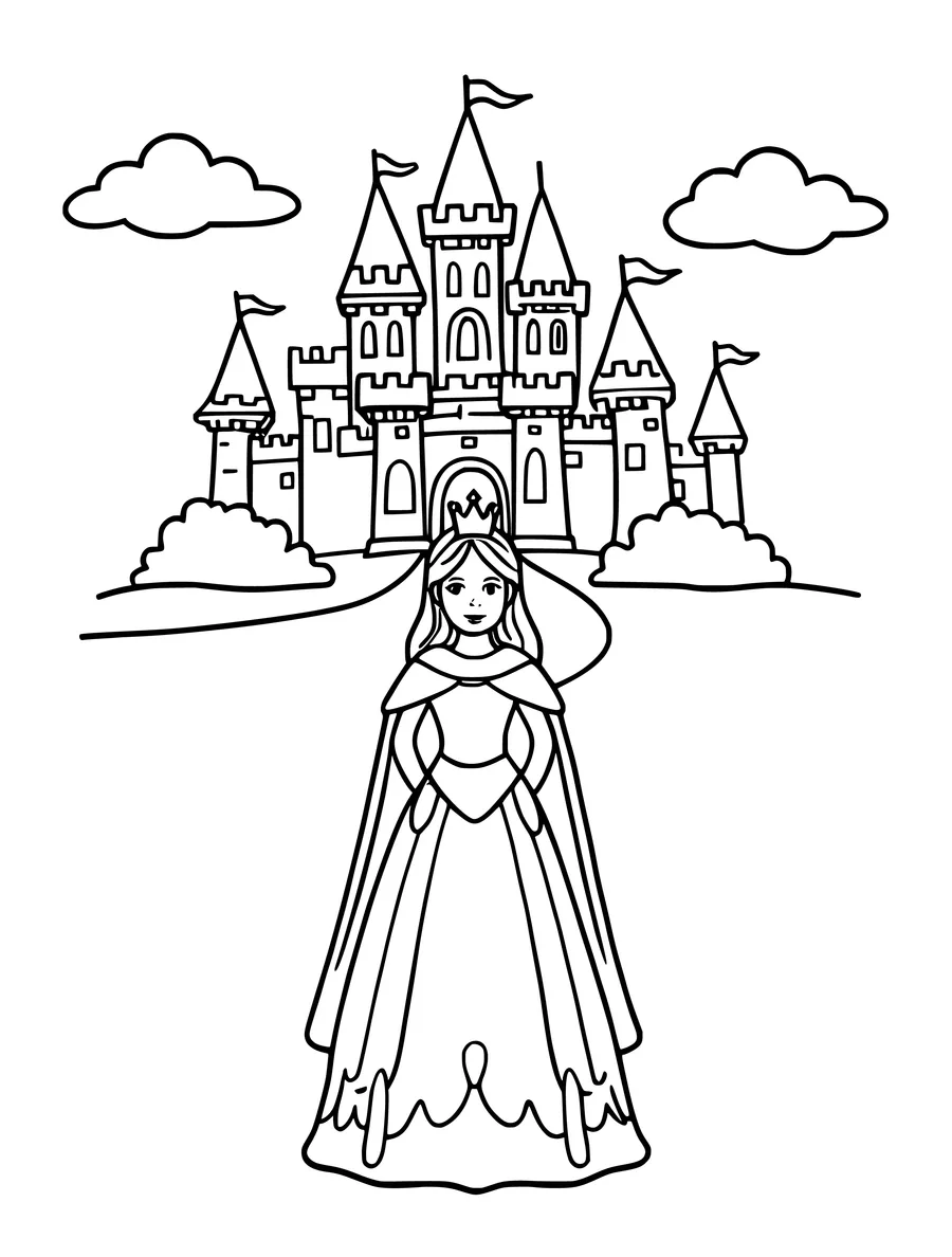 A princess in a gown and cape stands on a path leading to a large castle with several pointed towers, colouring page