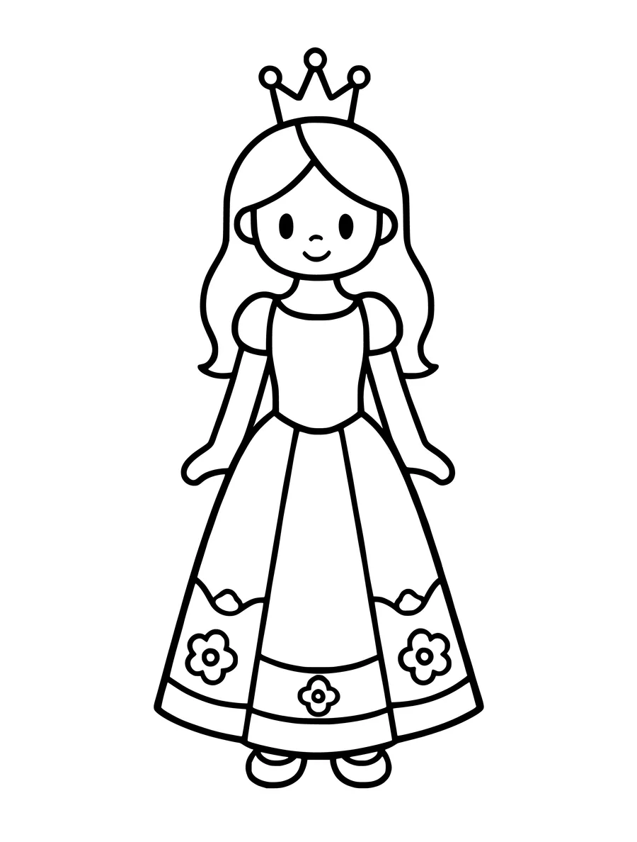 A princess with long hair and a crown wears a gown decorated with simple flower shapes in this line art, colouring page