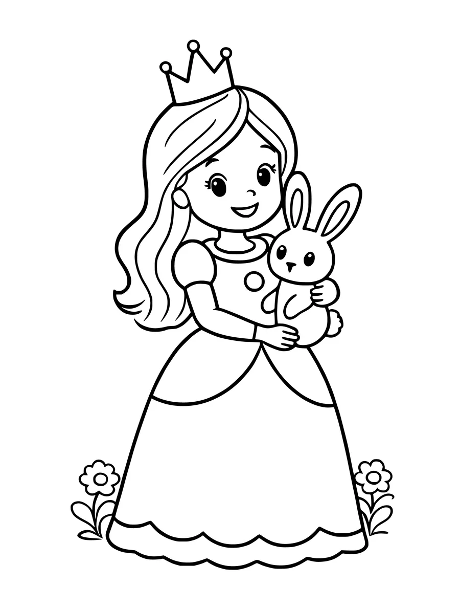 A smiling princess wearing a crown holds a small pet bunny in this simple colouring page.