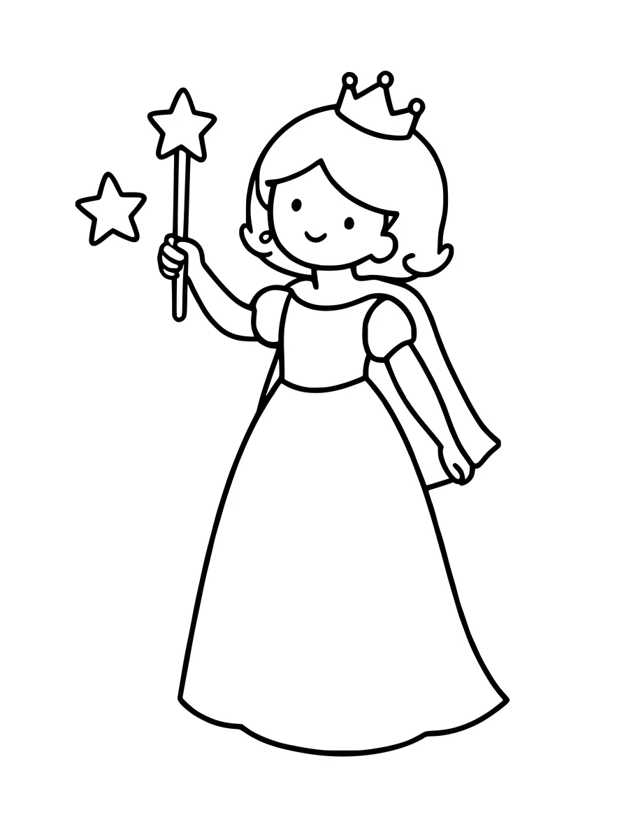 A simple line art drawing of a princess holding a star-tipped wand with an extra star floating nearby, coloring page