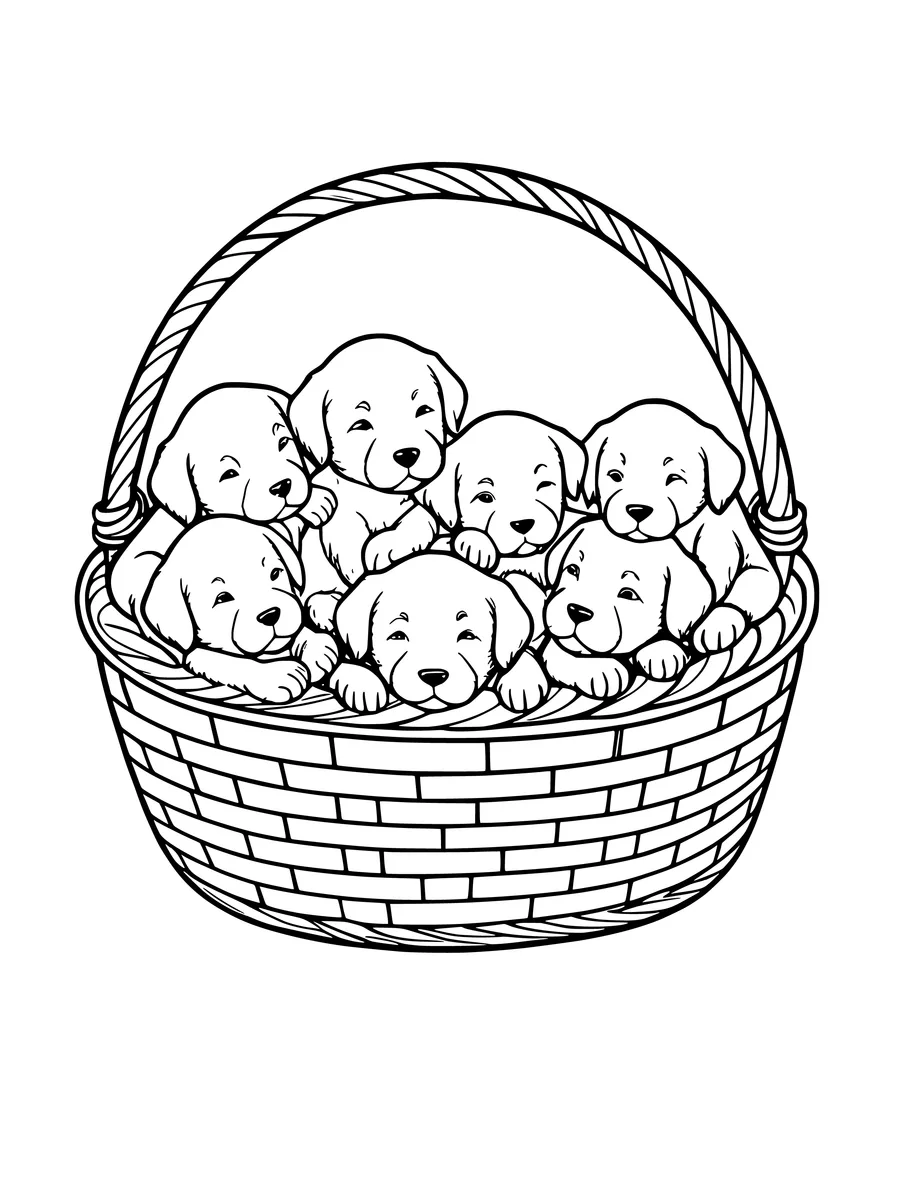 A detailed coloring page showing a litter of puppies snuggled together inside a woven basket.