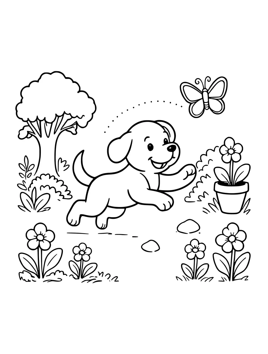 Black and white line art coloring page of puppy chasing a butterfly in a garden, medium detail