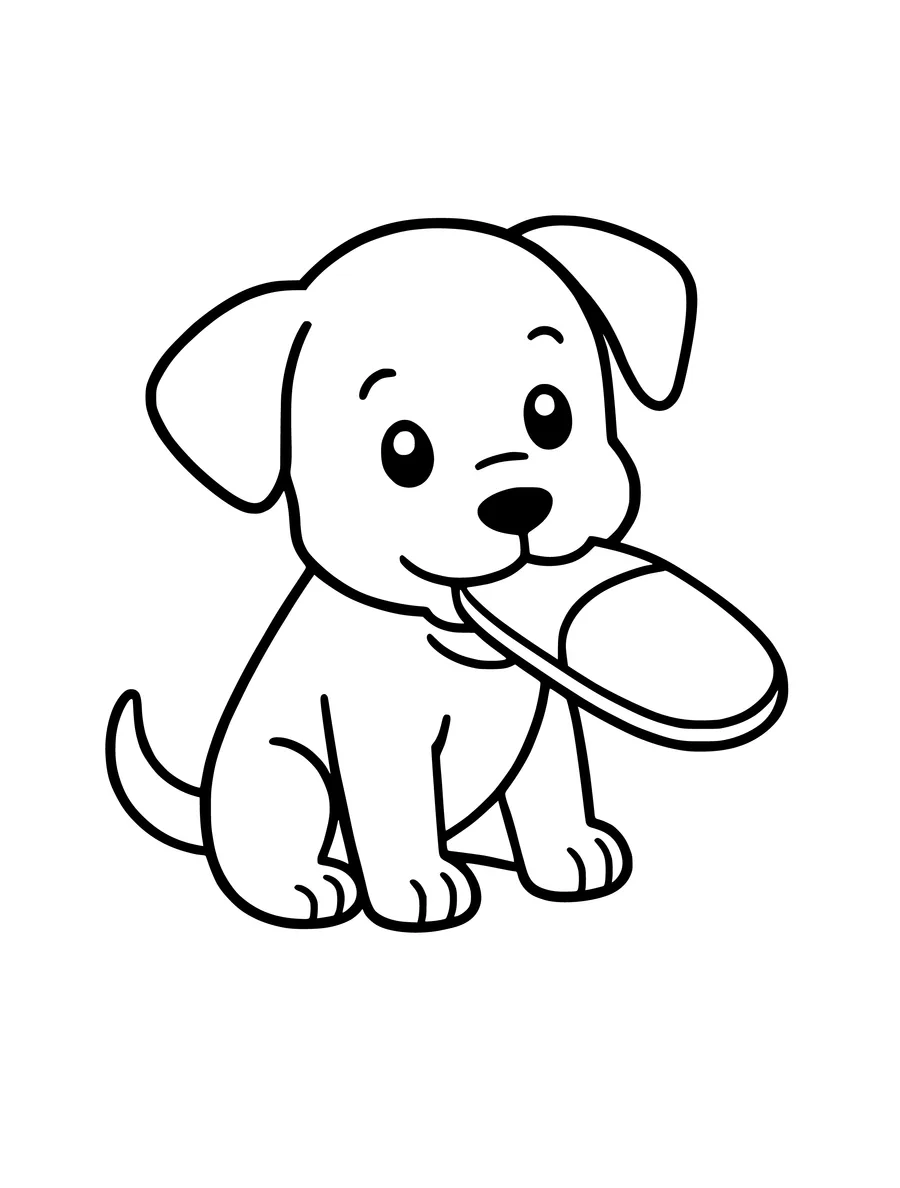 A line art drawing of an adorable puppy sitting and chewing on a slipper, coloring page