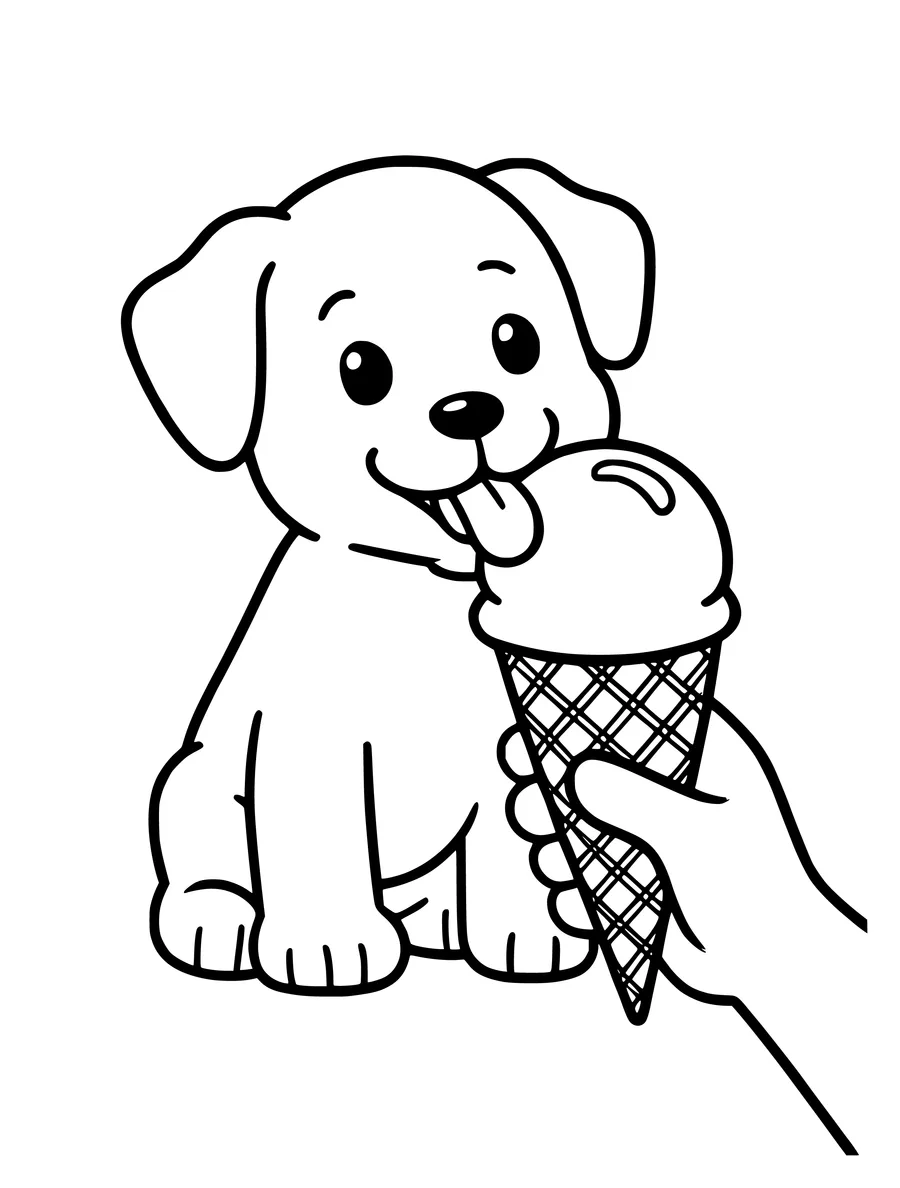 Black and white line art coloring page of puppy licking an ice cream cone held by a human hand, simple detail