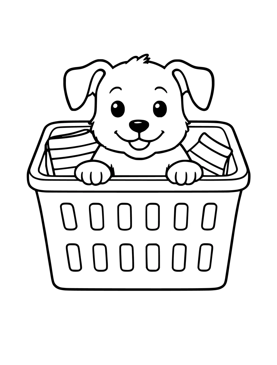 A puppy peeks out of a laundry basket in this clean, simple colouring page.