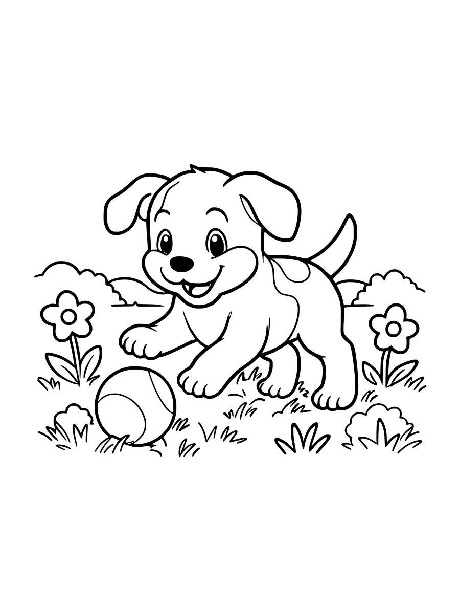 A puppy playing with a ball in a grassy field with flowers in this line art.