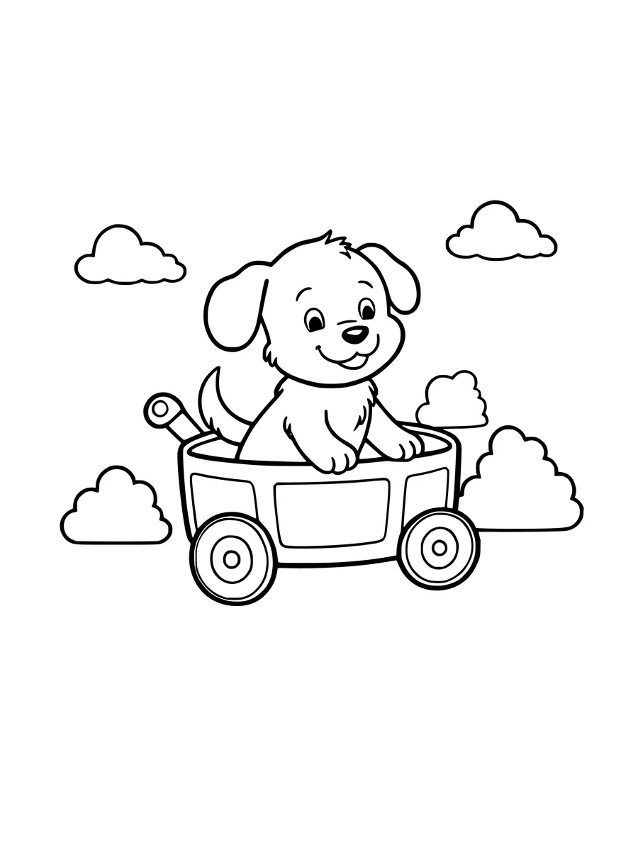 A puppy sits inside a small wagon surrounded by clouds in this line art drawing, coloring page