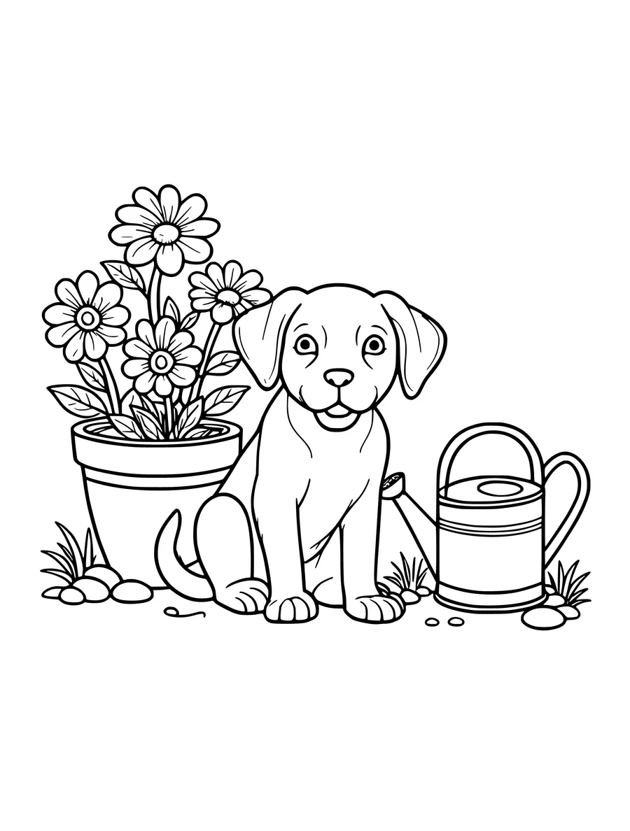 A puppy sits next to a potted plant and a watering can in this detailed colouring page.