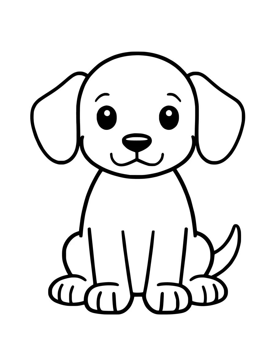 A simple colouring page of a cute puppy sitting with floppy ears and large paws.