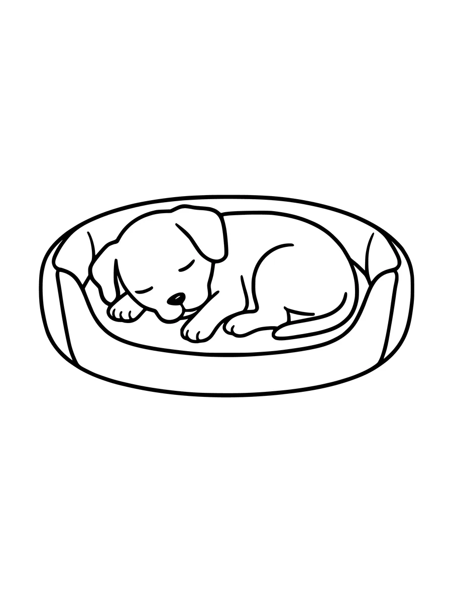 A cute puppy sleeping peacefully inside a round dog bed in this line art, colouring page